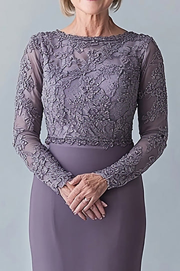 Élégante robe moulante de mère de la mariée gris acier avec appliques de dentelle